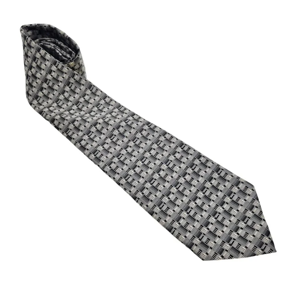 Stafford Mens Necktie Tie Silk Geometric Black Silver Gray‎ EUC